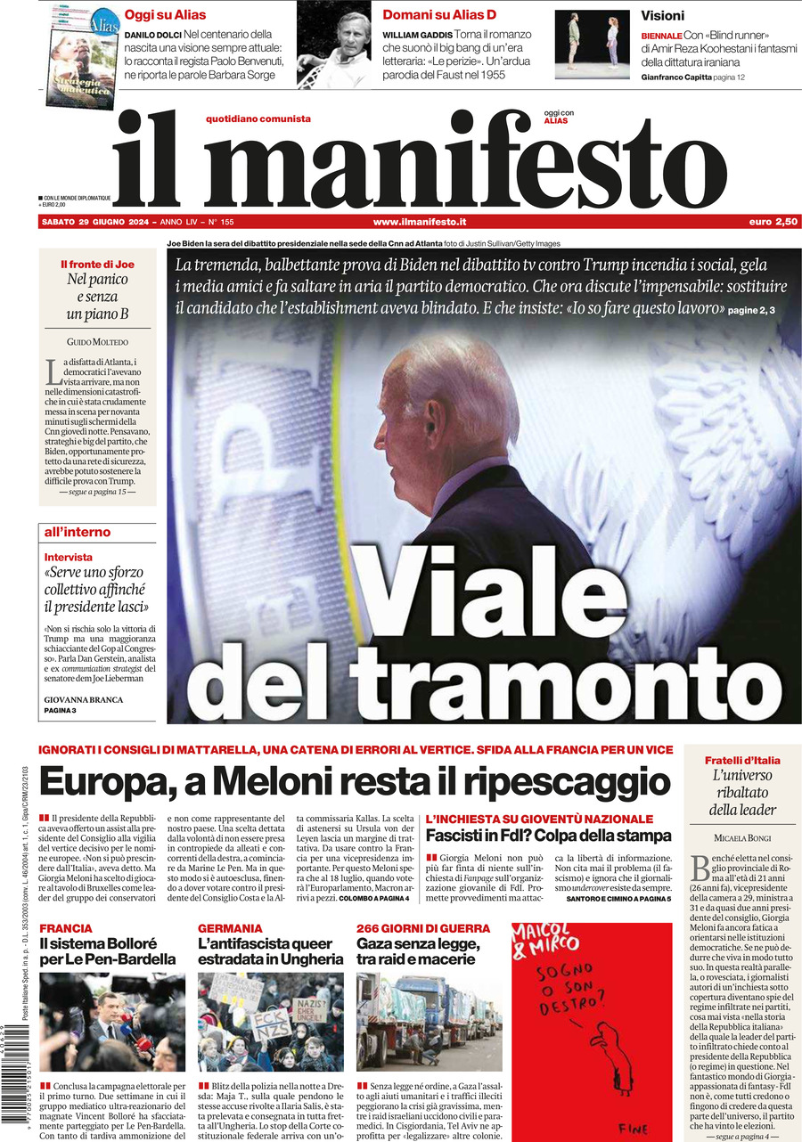 Prima Pagina Il Manifesto 29/06/2024