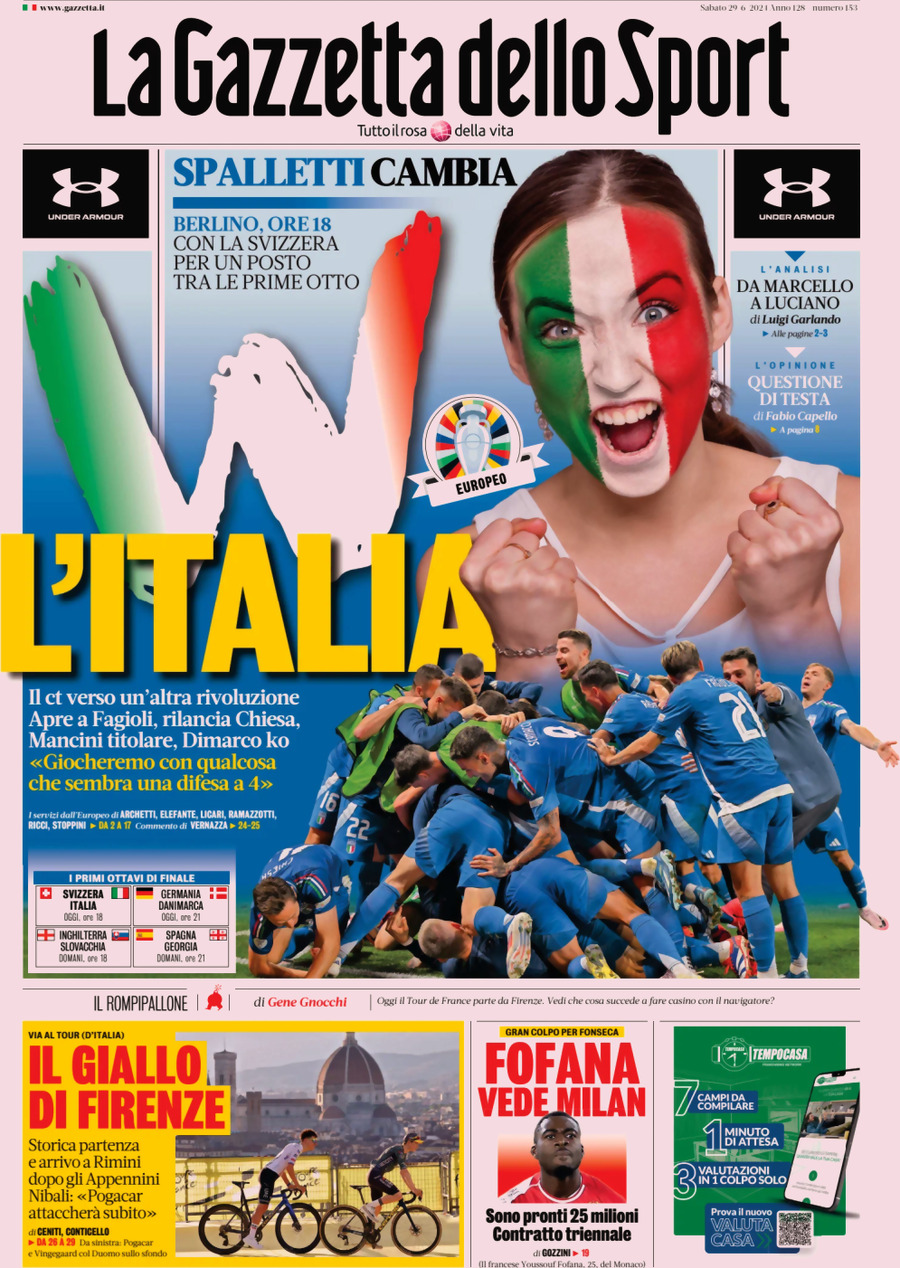 Prima Pagina La Gazzetta dello Sport 29/06/2024