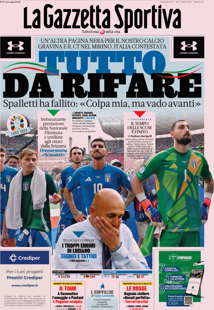 Prima Pagina La Gazzetta dello Sport 30/06/2024