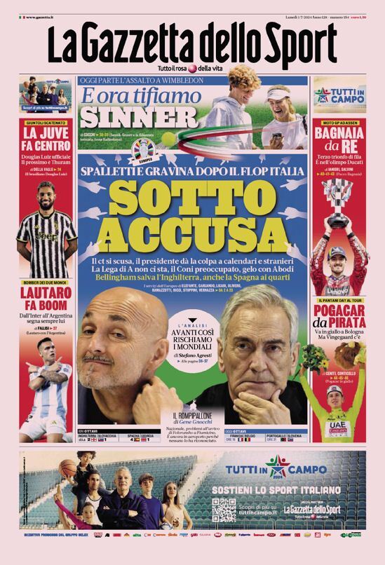 Prima Pagina La Gazzetta dello Sport 01/07/2024