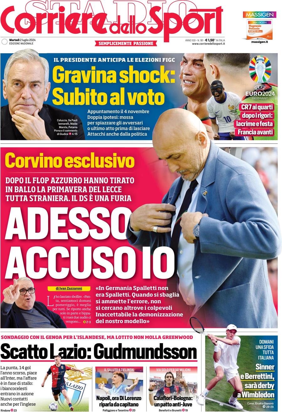Prima Pagina Corriere dello Sport 02/07/2024