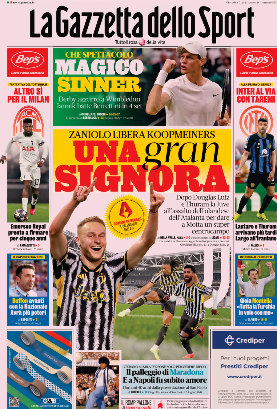 Prima Pagina La Gazzetta dello Sport 04/07/2024