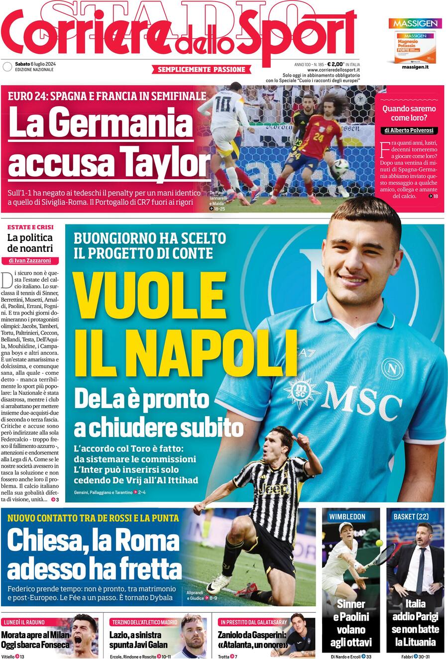 Prima Pagina Corriere dello Sport 06/07/2024