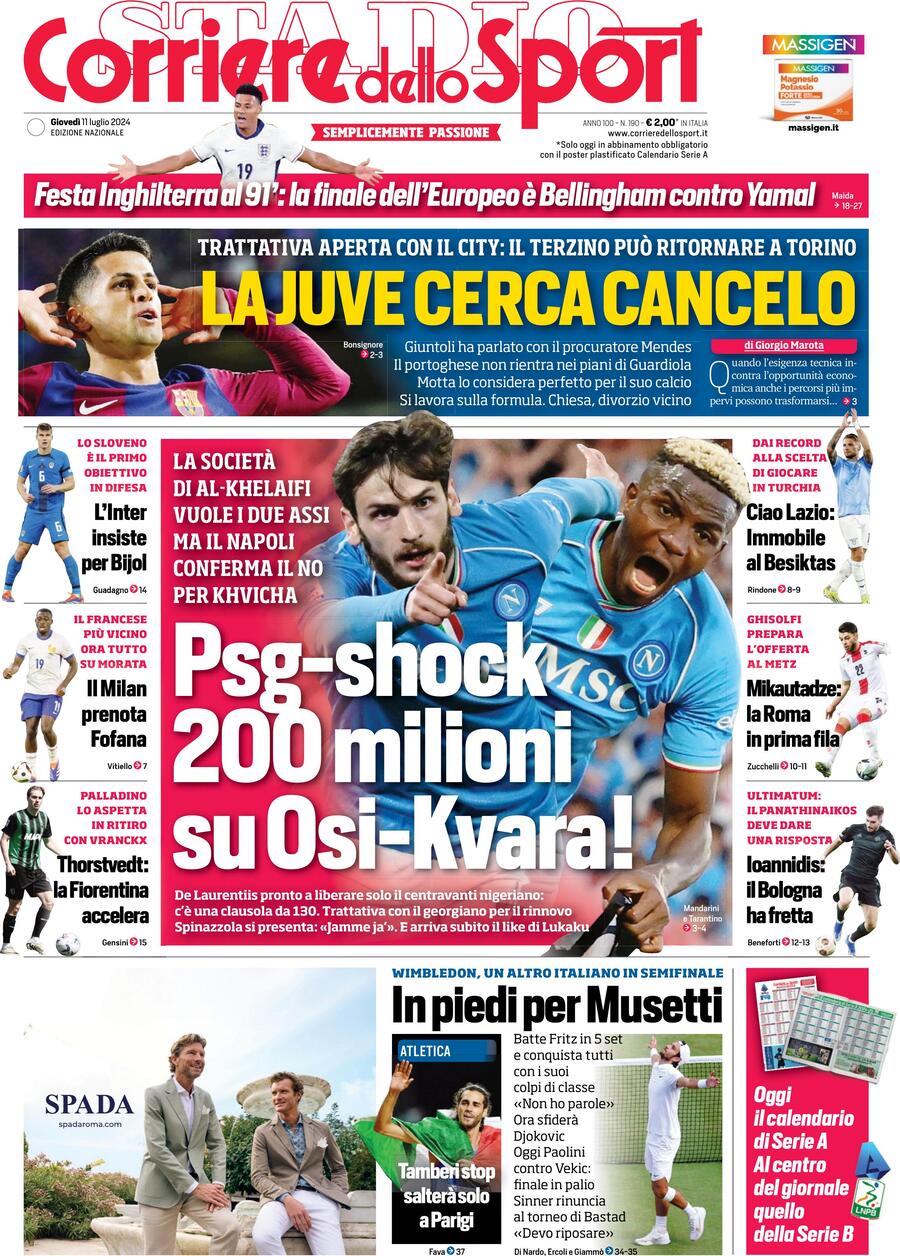 Prima Pagina Corriere dello Sport 11/07/2024