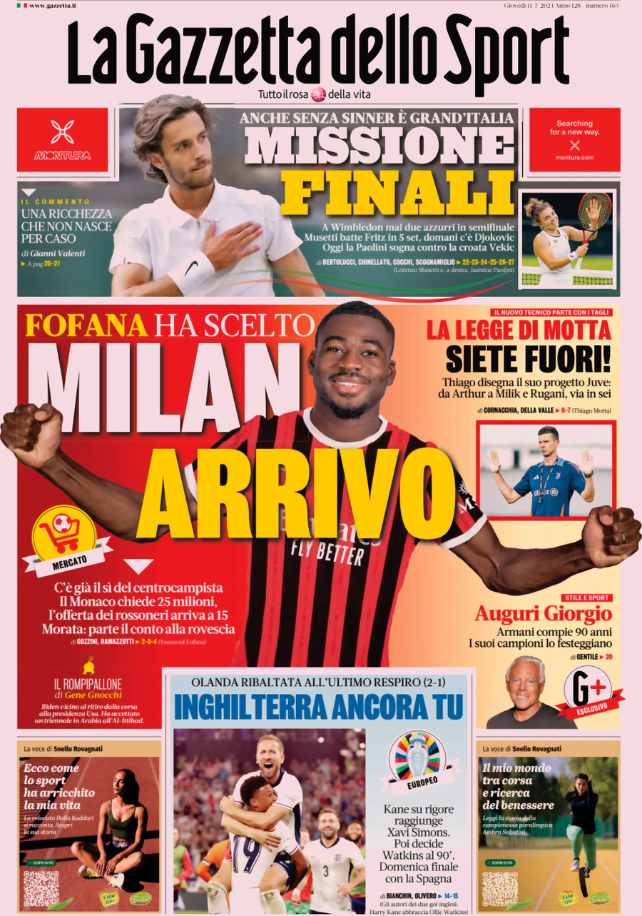 Prima Pagina La Gazzetta dello Sport 11/07/2024