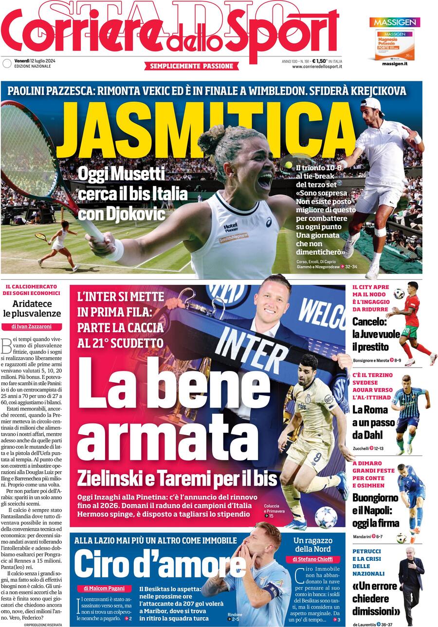 Prima Pagina Corriere dello Sport 12/07/2024