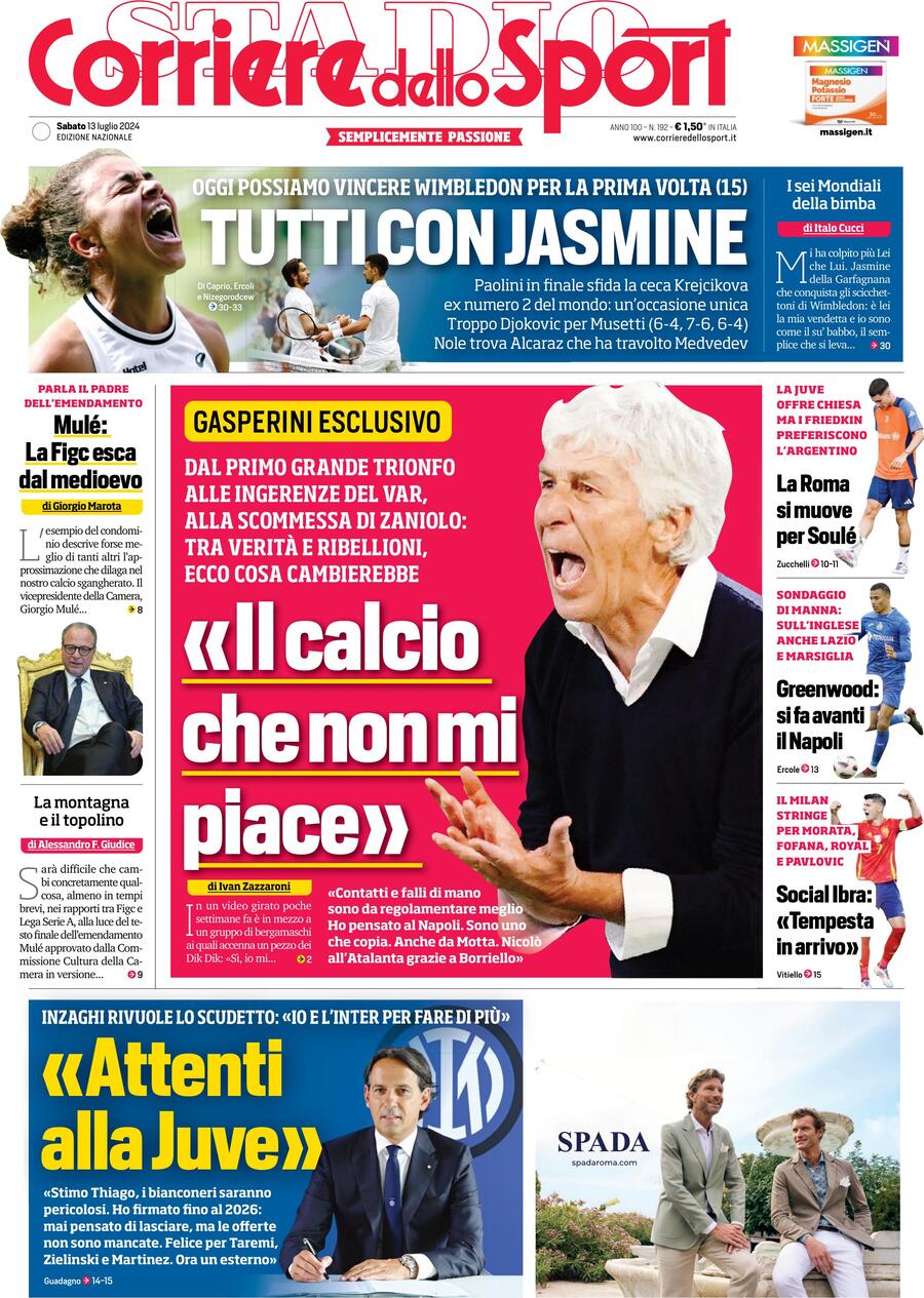 Prima Pagina Corriere dello Sport 13/07/2024
