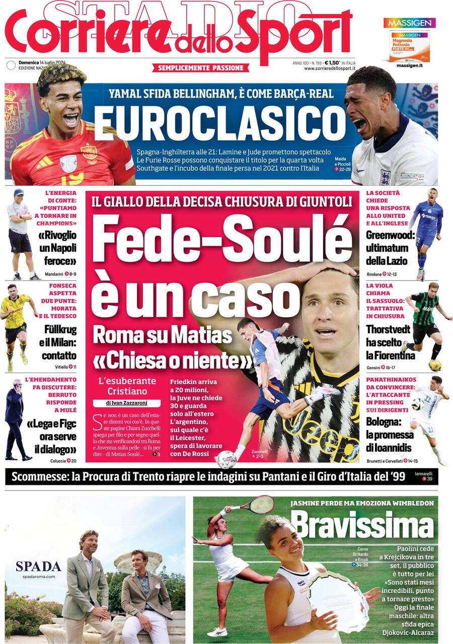 Prima Pagina Corriere dello Sport 14/07/2024
