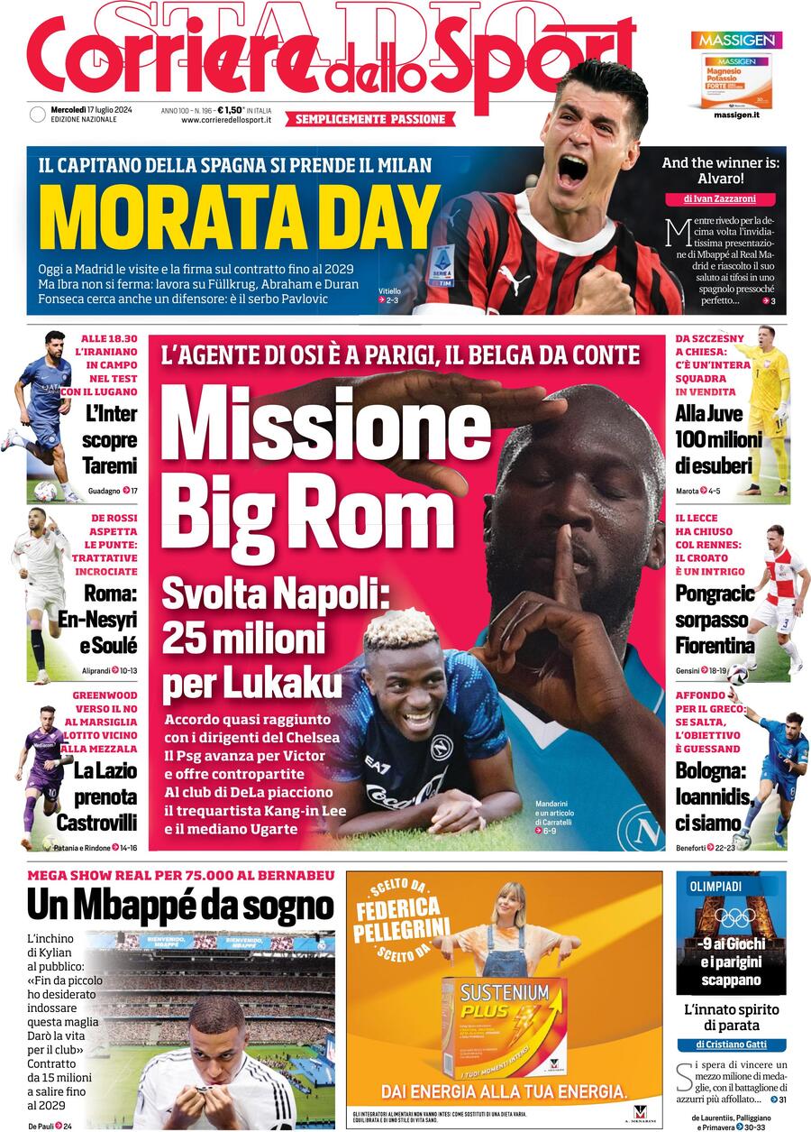 Prima Pagina Corriere dello Sport 17/07/2024