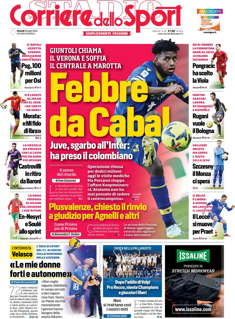 Prima Pagina Corriere dello Sport 18/07/2024