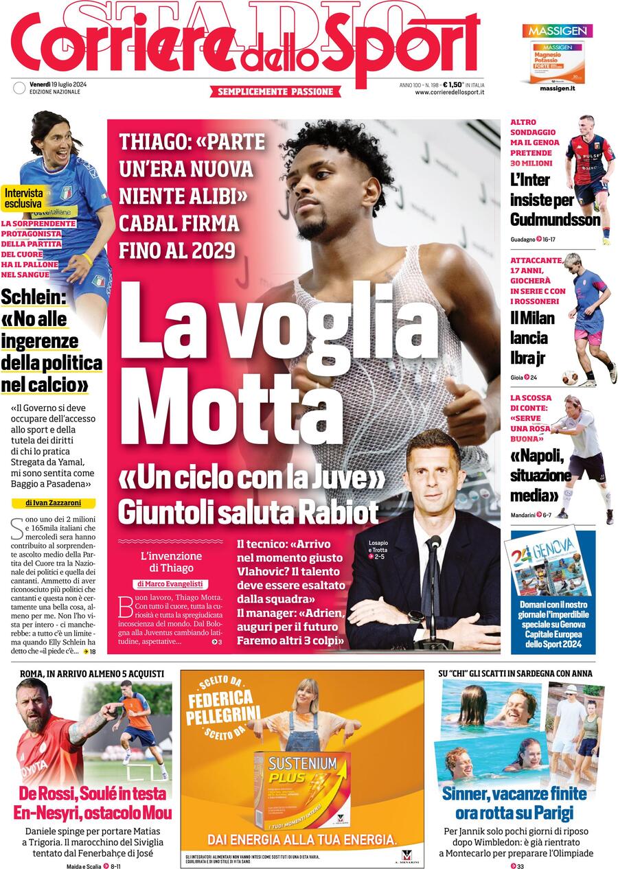 Prima Pagina Corriere dello Sport 19/07/2024