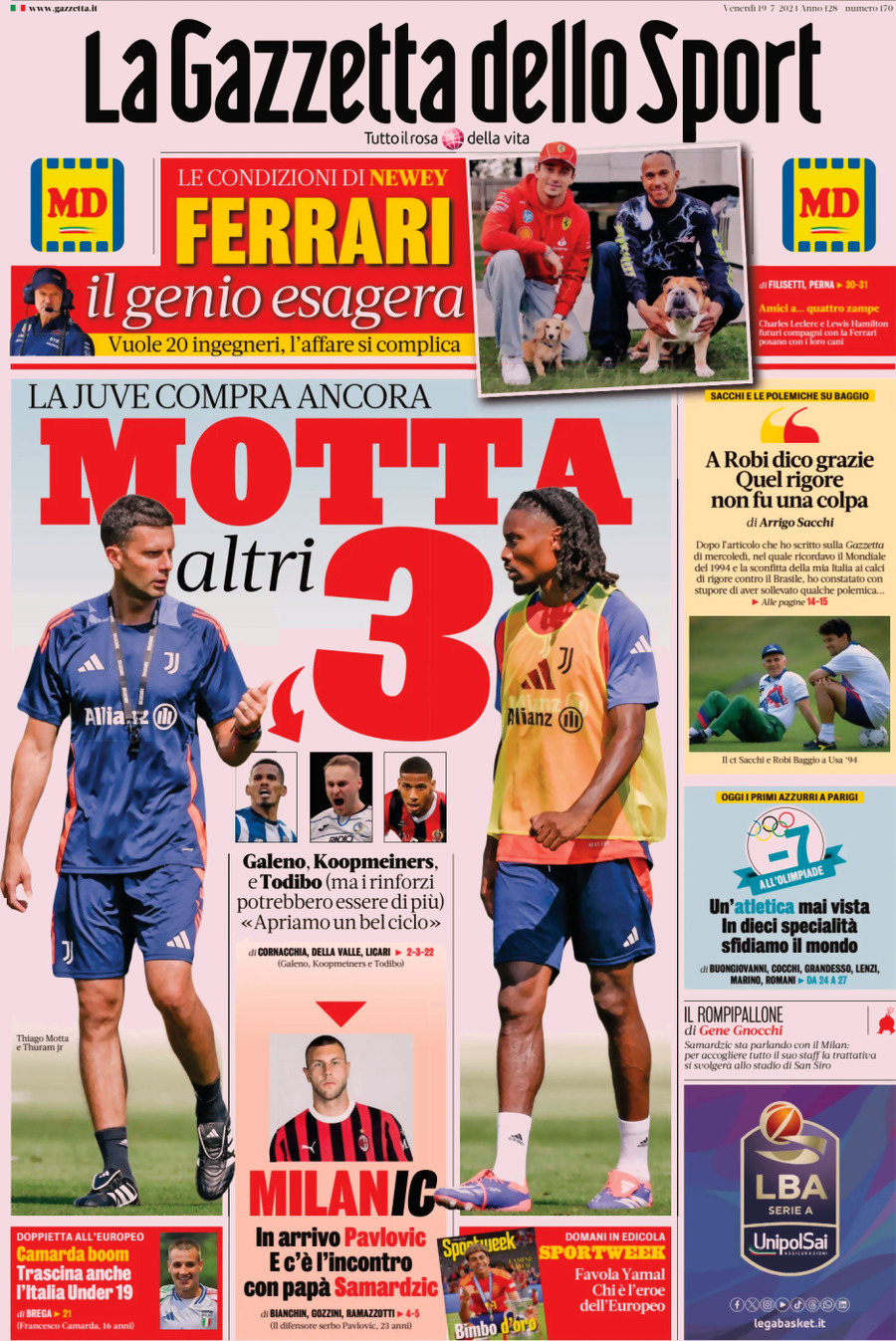 Prima Pagina La Gazzetta dello Sport 19/07/2024