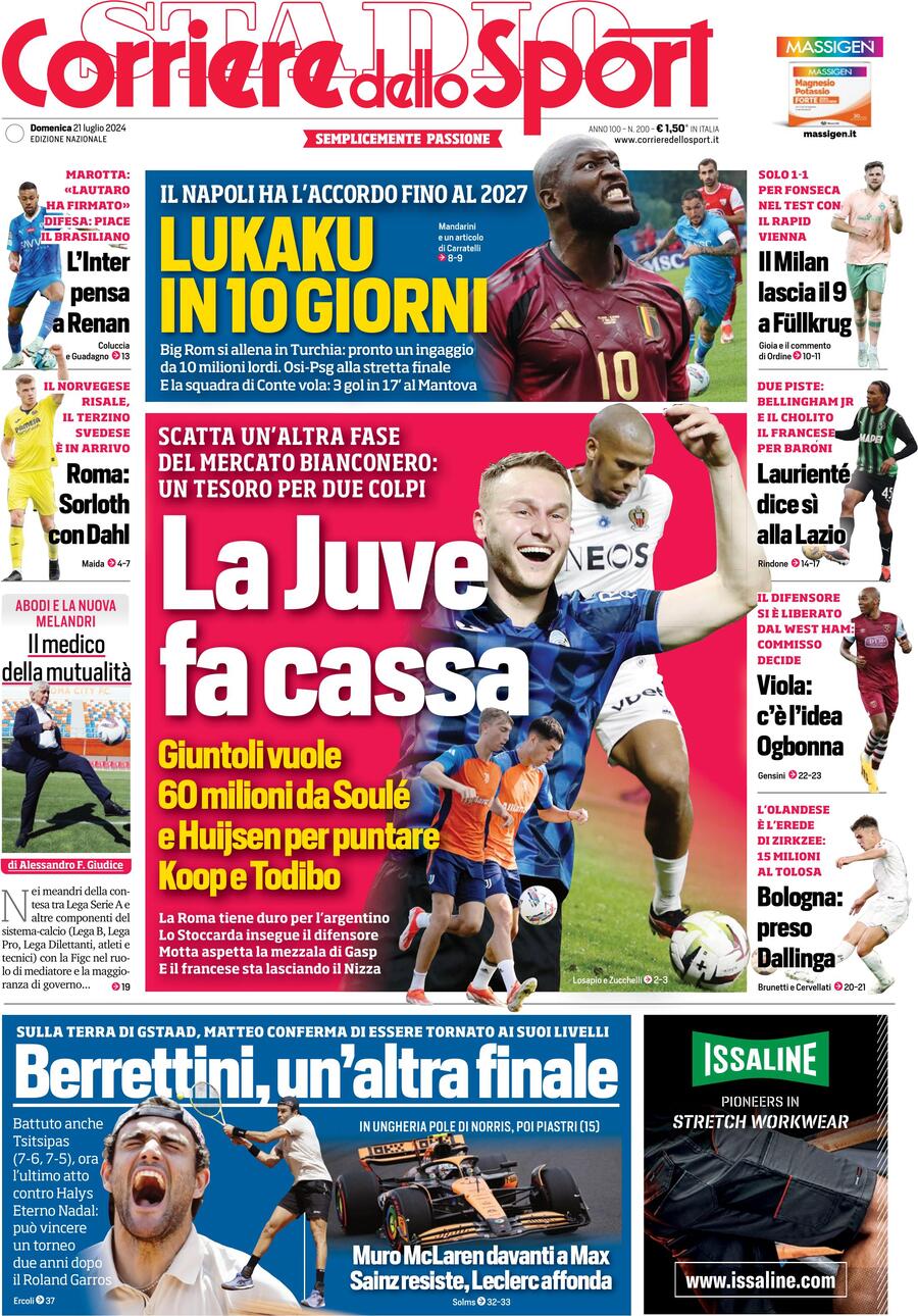 Prima Pagina Corriere dello Sport 21/07/2024