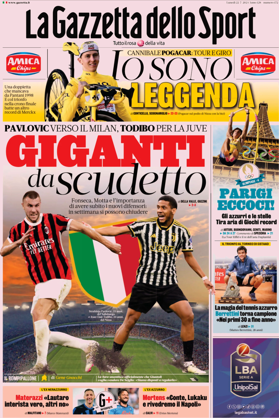 Prima Pagina La Gazzetta dello Sport 22/07/2024