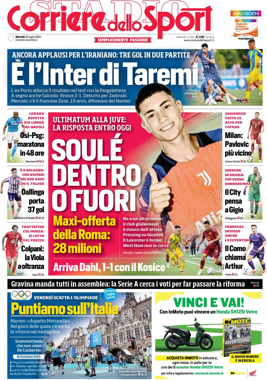 Prima Pagina Corriere dello Sport 23/07/2024