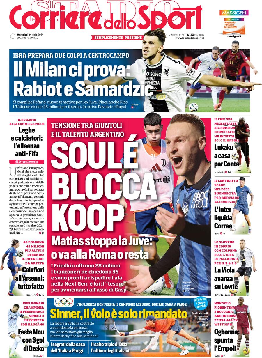 Prima Pagina Corriere dello Sport 24/07/2024