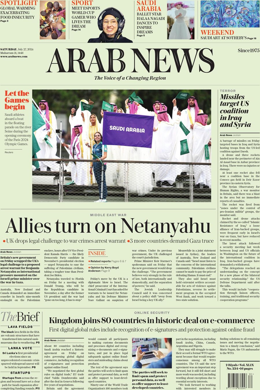 Prima Pagina Arab News 27/07/2024