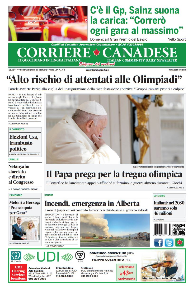 Prima Pagina Corriere Canadese 26/07/2024