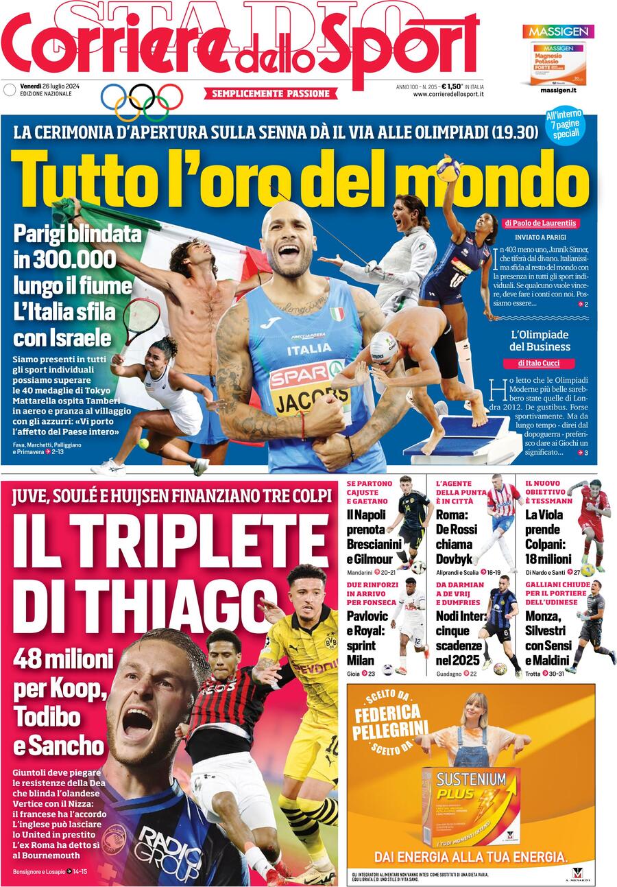 Prima Pagina Corriere dello Sport 26/07/2024
