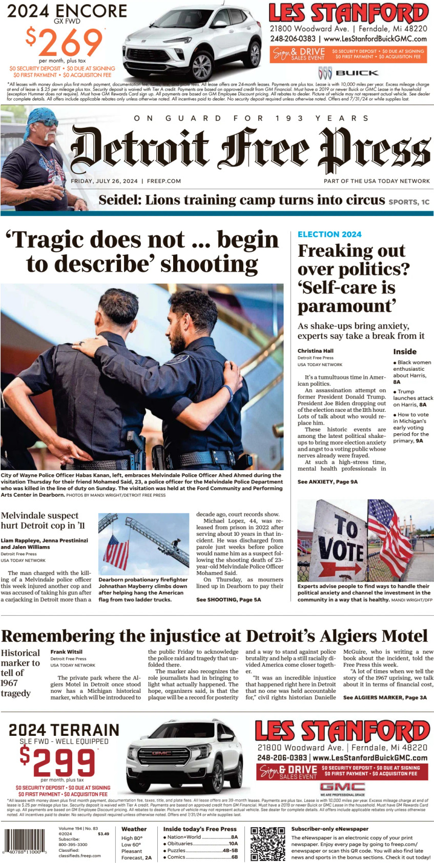 Prima Pagina Detroit Free Press 26/07/2024