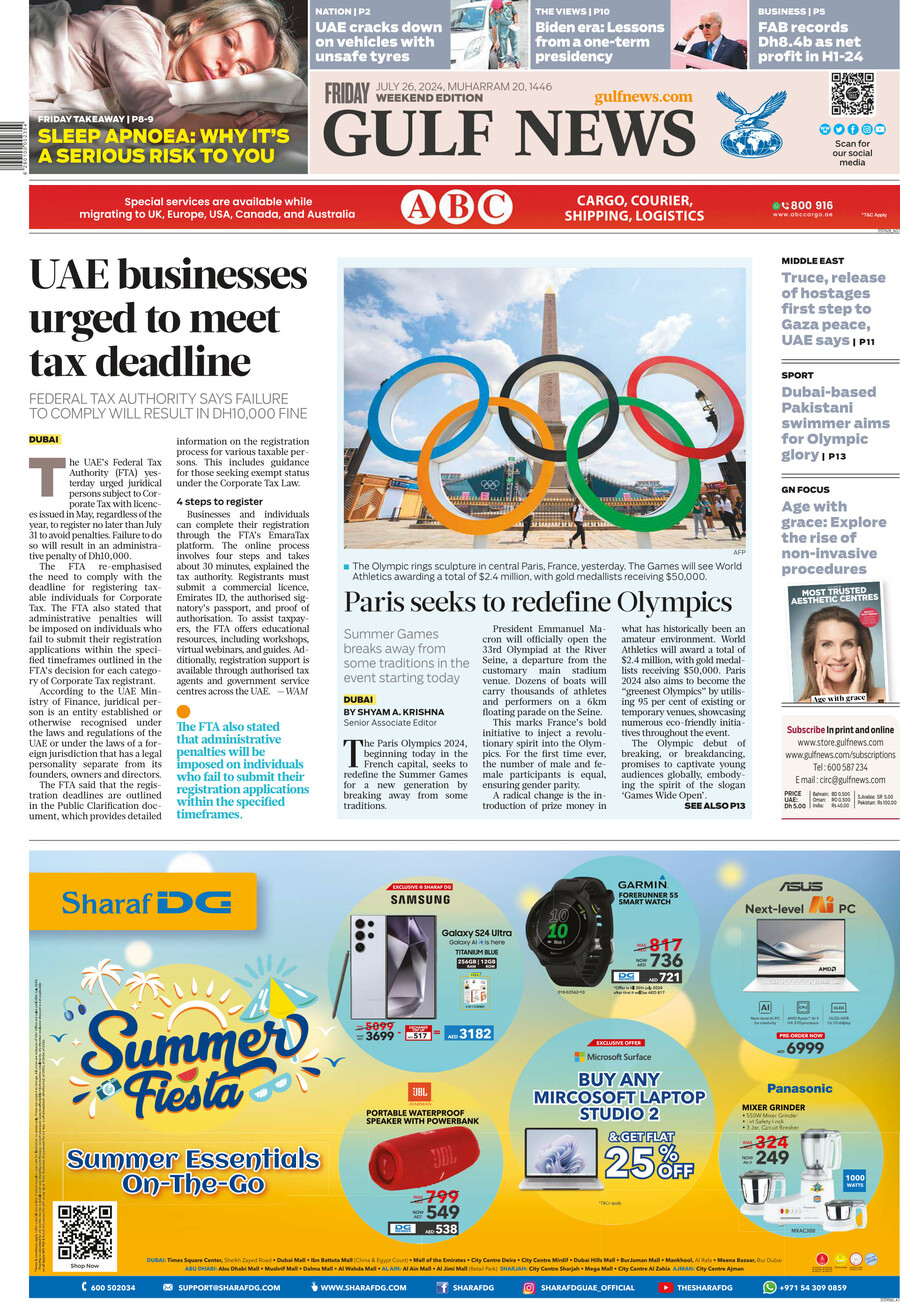 Prima Pagina Gulf News 28/07/2024
