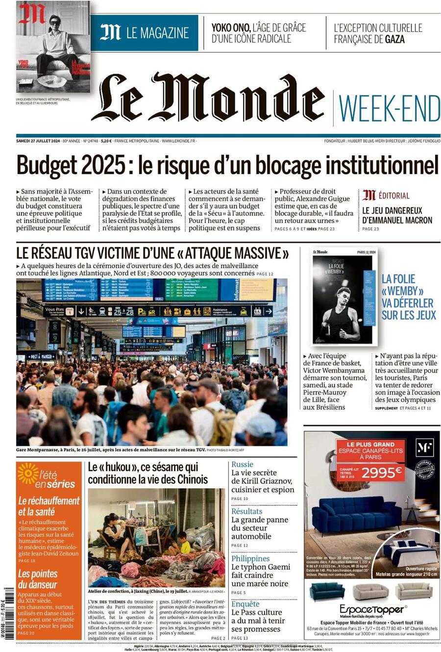 Prima Pagina Le Monde 27/07/2024
