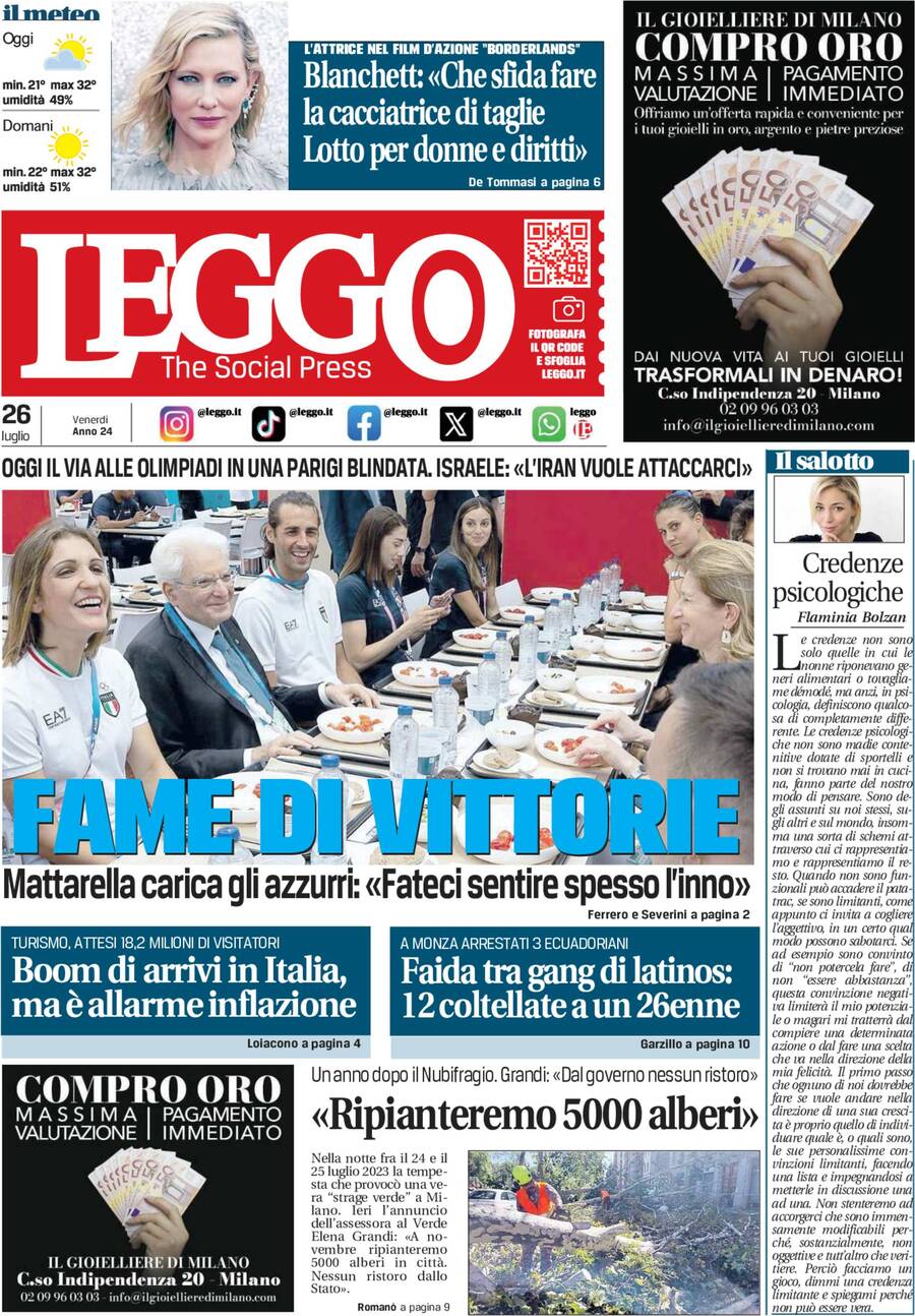 Prima Pagina Leggo (Milano) 26/07/2024