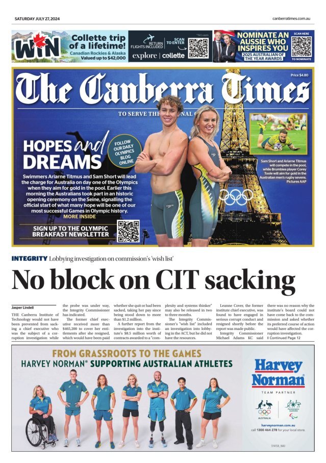 Prima Pagina The Canberra Times 27/07/2024