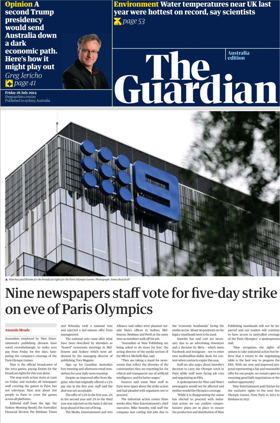 Prima Pagina The Guardian Australia 26/07/2024