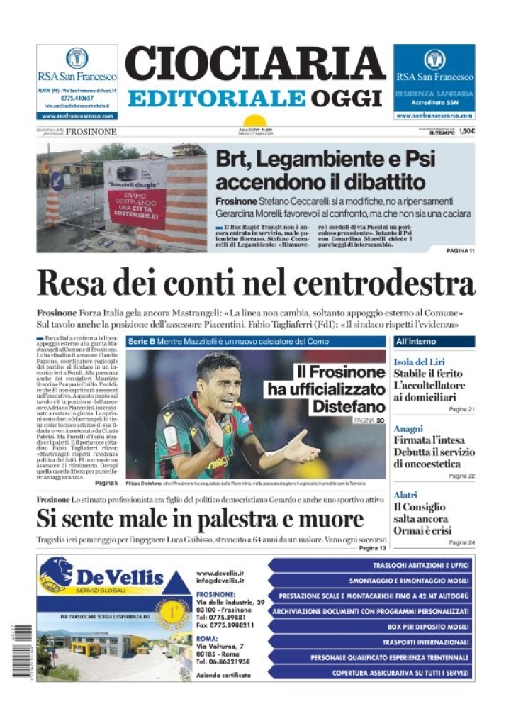 Prima Pagina Ciociaria Editoriale Oggi 27/07/2024
