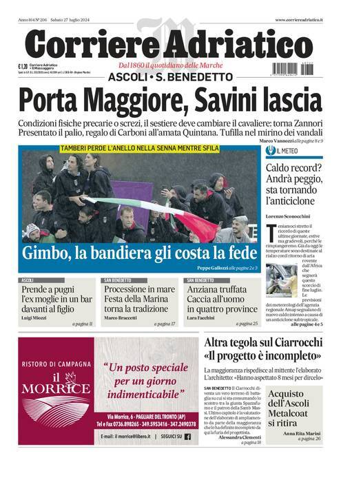 Prima Pagina Corriere Adriatico (Ascoli) 27/07/2024