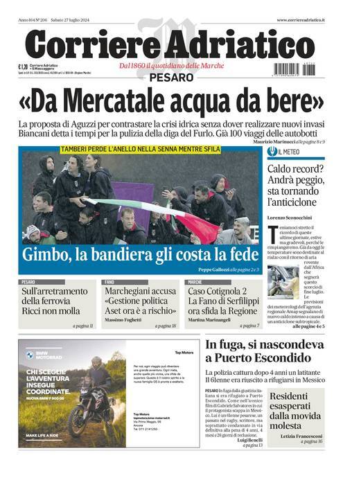 Prima Pagina Corriere Adriatico (Pesaro) 27/07/2024