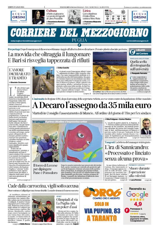 Prima Pagina Corriere del Mezzogiorno (Puglia) 27/07/2024