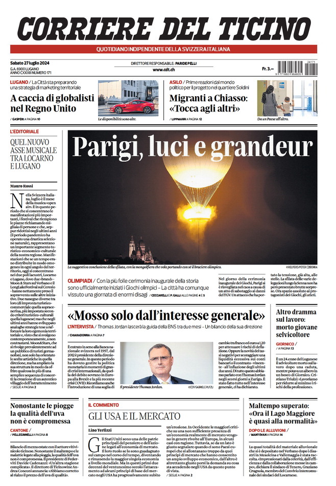 Prima Pagina Corriere del Ticino 27/07/2024