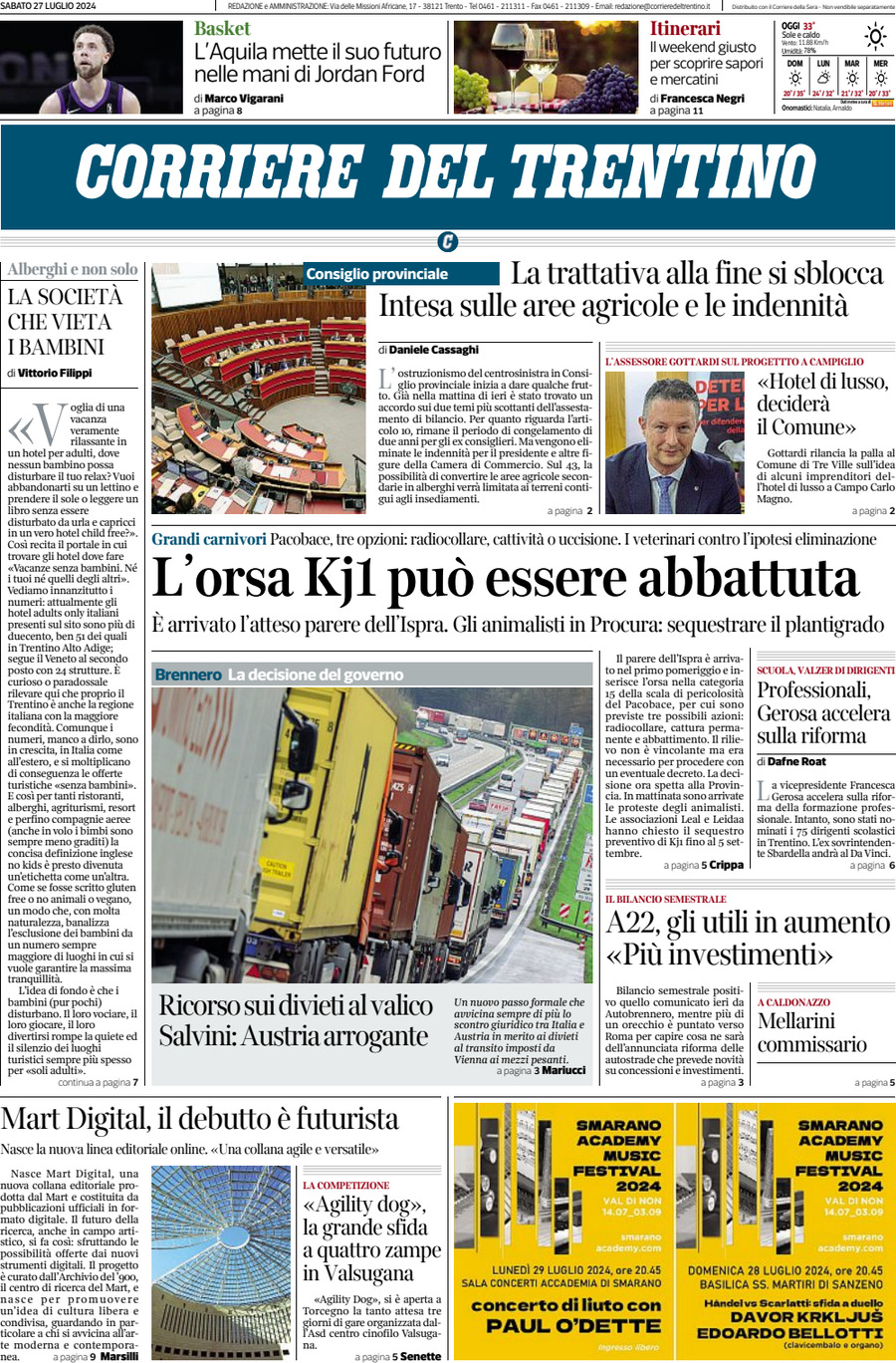 Prima Pagina Corriere del Trentino 27/07/2024