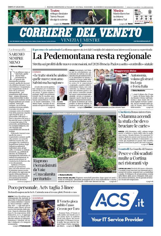 Prima Pagina Corriere del Veneto 27/07/2024