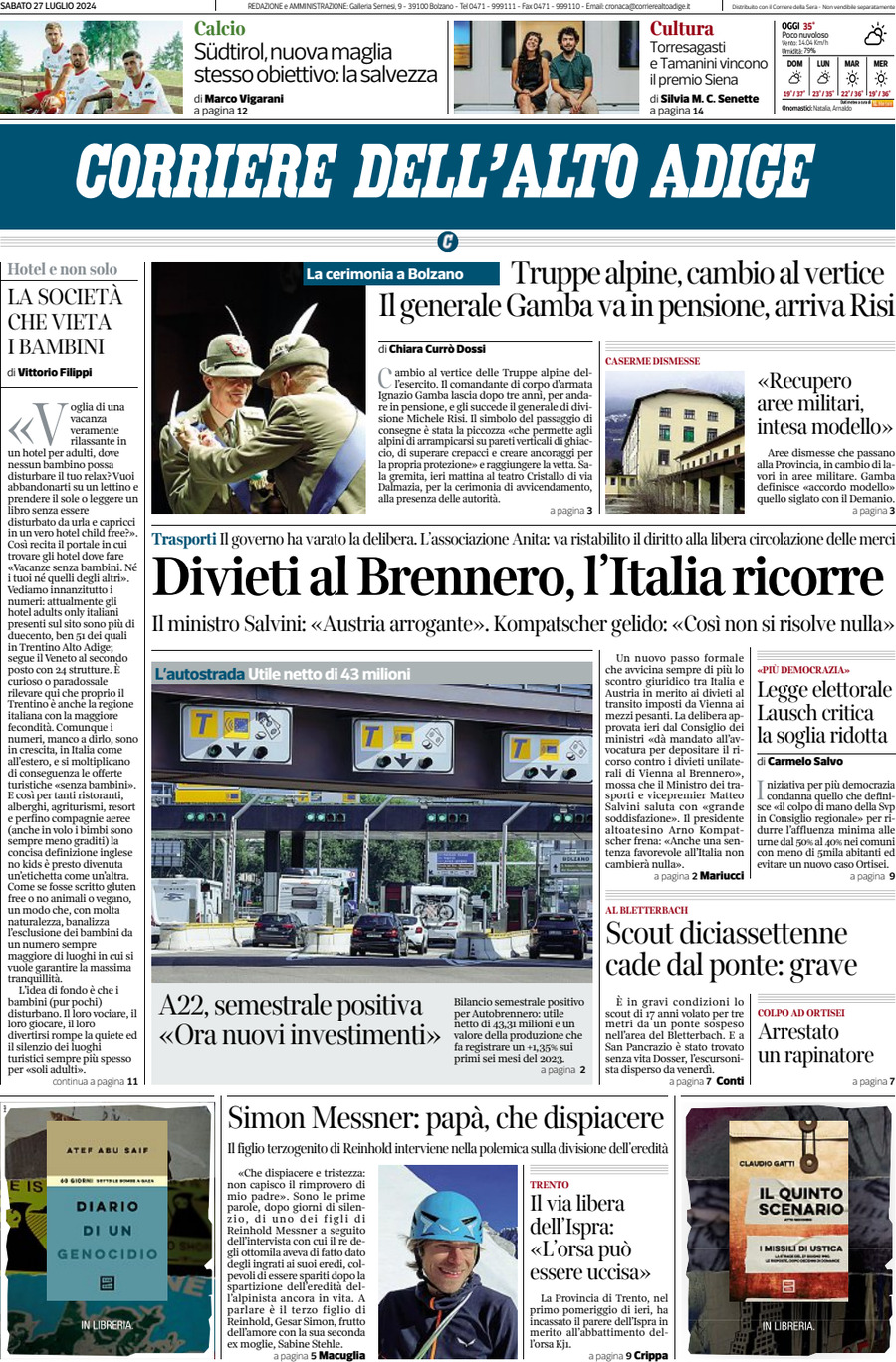 Prima Pagina Corriere dell'Alto Adige 27/07/2024
