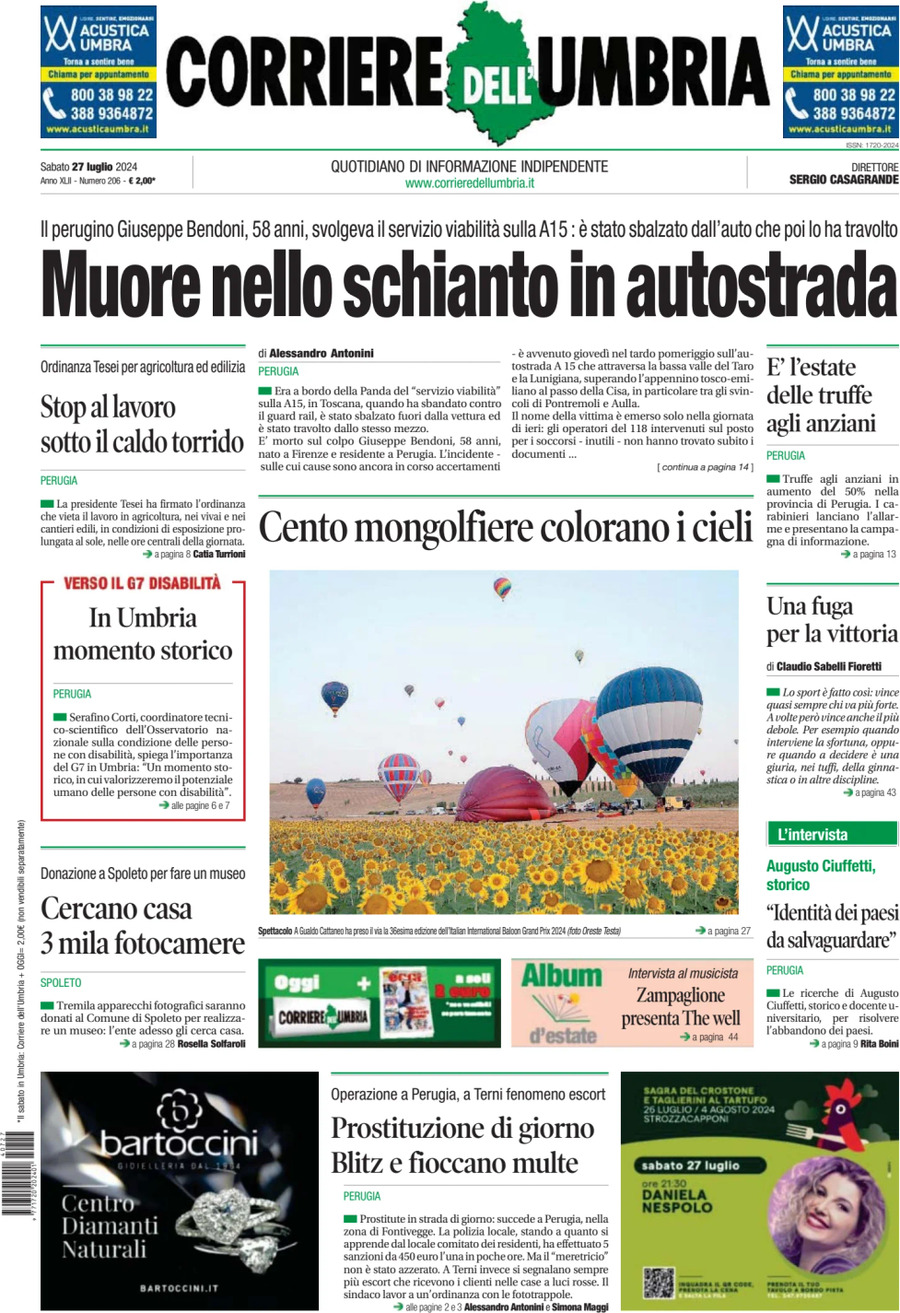 Prima Pagina Corriere dell'Umbria 27/07/2024