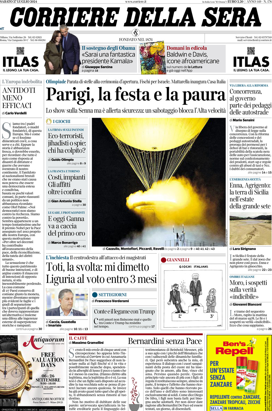 Prima Pagina Corriere della Sera 27/07/2024