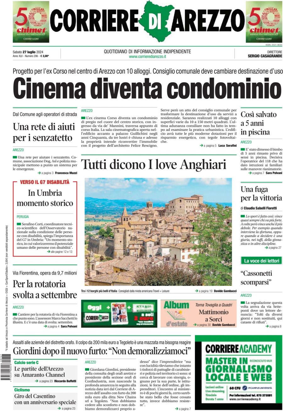 Prima Pagina Corriere di Arezzo 27/07/2024