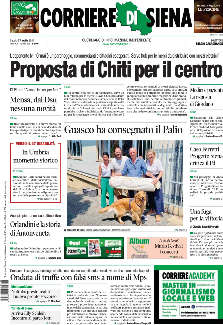 Prima Pagina Corriere di Siena 27/07/2024