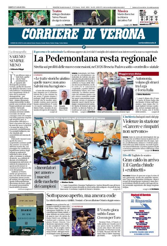 Prima Pagina Corriere di Verona 27/07/2024