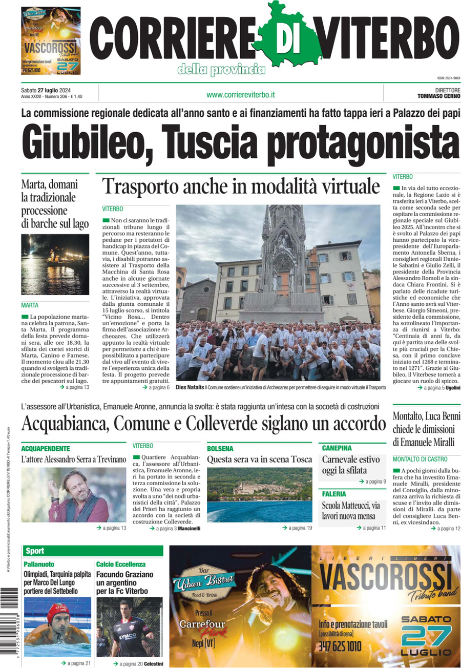 Prima Pagina Corriere di Viterbo 27/07/2024