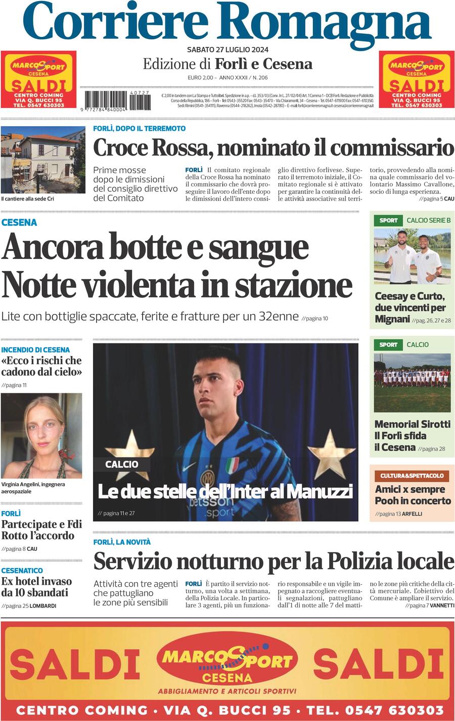 Prima Pagina Corriere Romagna (Forlì e Cesena) 27/07/2024