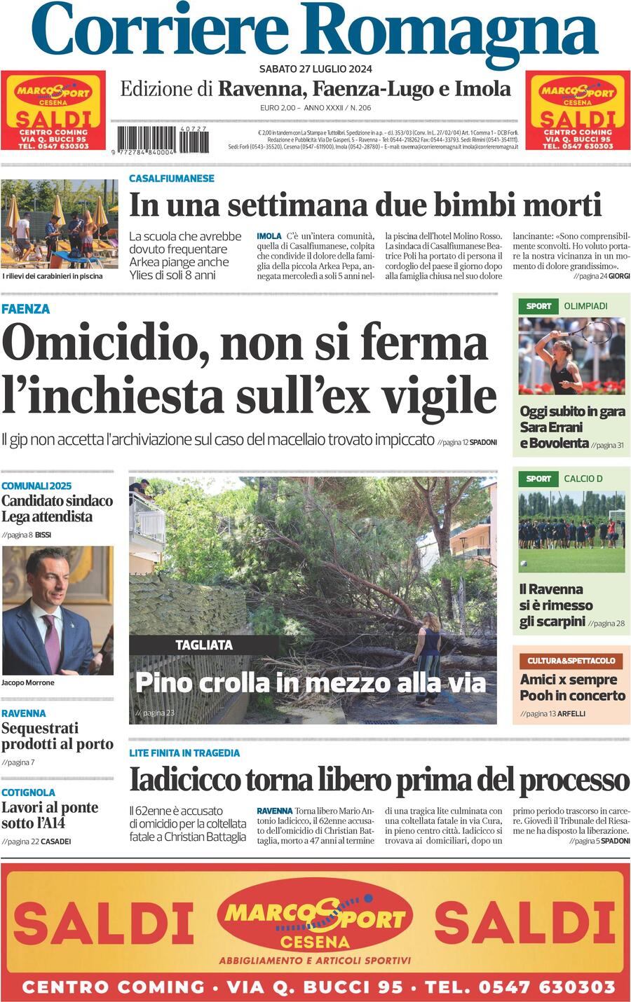 Prima Pagina Corriere Romagna (Ravenna e Imola) 27/07/2024