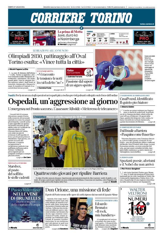 Prima Pagina Corriere Torino 27/07/2024