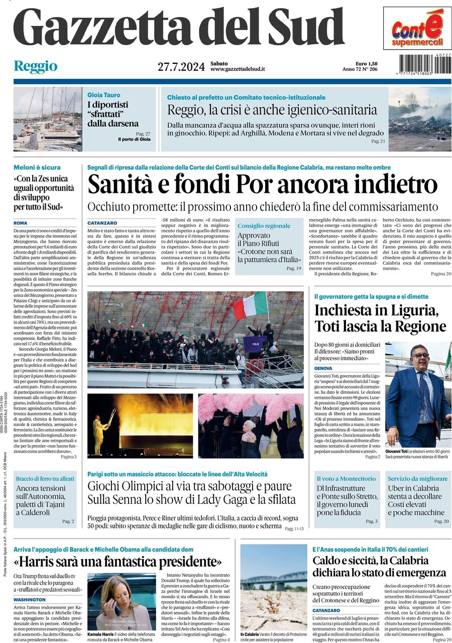 Prima Pagina Gazzetta del Sud (Reggio Calabria) 27/07/2024