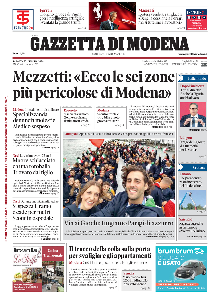 Prima Pagina Gazzetta di Modena 27/07/2024