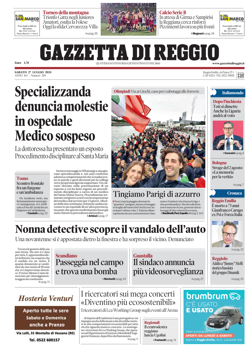 Prima Pagina Gazzetta di Reggio 27/07/2024