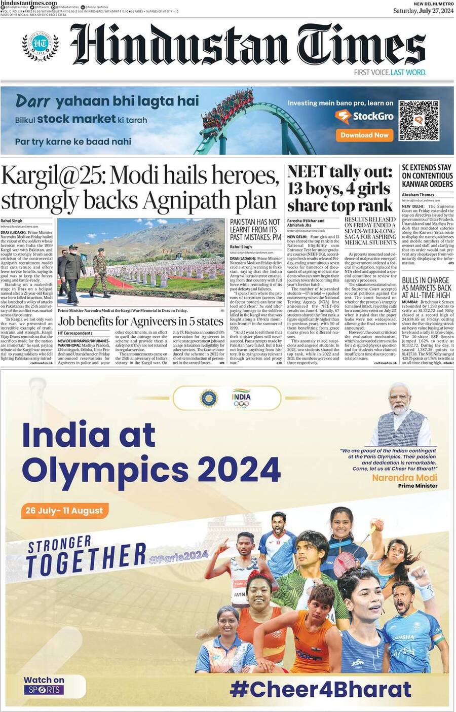 Prima Pagina Hindustan Times 27/07/2024